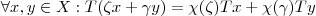 \forall x, y \in X : T(\zeta x + \gamma y) = \chi(\zeta) Tx + \chi(\gamma) Ty \forall x, y \in X : T(\zeta x + \gamma y) = \chi(\zeta) Tx + \chi(\gamma) Ty