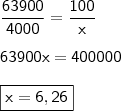 \\ \mathsf{\frac{63900}{4000} = \frac{100}{x}} \\\\ \mathsf{63900x = 400000} \\\\ \boxed{\mathsf{x = 6,26}}
