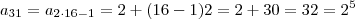 a_{31} = a_{2 \cdot 16 -1} = 2+(16-1)2 = 2+30=32 = 2^5
