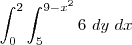 \int_{0}^{2} \int_{5}^{9-x^2} 6 \ dy \ dx