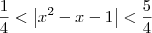\dfrac{1}{4} < \left|x^2 - x - 1\right| < \dfrac{5}{4}