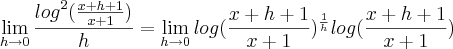 \lim_{h\rightarrow0}\frac{{log}^{2}(\frac{x+h+1}{x+1})}{h} = \lim_{h\rightarrow0}log({\frac{x+h+1}{x+1}})^{\frac{1}{h}}log(\frac{x+h+1}{x+1})