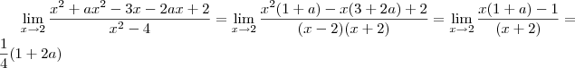 \lim_{x\rightarrow 2}\frac{x^2+ax^2-3x-2ax+2}{x^2-4}=\lim_{x\rightarrow 2}\frac{x^2(1+a) - x(3+2a) + 2}{(x-2)(x+2)} = \lim_{x\rightarrow 2}\frac{x(1+a) -1}{(x+2)} = \frac{1}{4}(1+2a) \lim_{x\rightarrow 2}\frac{x^2+ax^2-3x-2ax+2}{x^2-4}=\lim_{x\rightarrow 2}\frac{x^2(1+a) - x(3+2a) + 2}{(x-2)(x+2)} = \lim_{x\rightarrow 2}\frac{x(1+a) -1}{(x+2)} = \frac{1}{4}(1+2a)