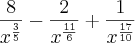 \frac{8}{{x}^{\frac{3}{5}}}-\frac{2}{{x}^{\frac{11}{6}}}+\frac{1}{{x}^{\frac{17}{10}}}