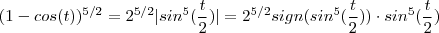 (1-cos(t))^{5/2} = 2^{5/2} |sin^5(\frac{t}{2})| = 2^{5/2} sign(sin^5(\frac{t}{2})) \cdot sin^5(\frac{t}{2})