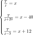 \begin{cases}
\frac{T}{j}=x
&&&&

\frac{T}{j+20}=x-40
&&&&

\frac{T}{j-3}=x+12
\end