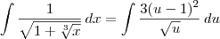 \int\frac{1}{\sqrt{1+\sqrt[3]{x}}}\,dx = \int\frac{3(u - 1)^2}{\sqrt{u}}\,du