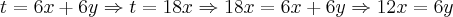 t=6x+6y \Rightarrow t=18x \Rightarrow 18x=6x+6y \Rightarrow 12x=6y t=6x+6y \Rightarrow t=18x \Rightarrow 18x=6x+6y \Rightarrow 12x=6y