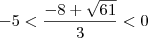 - 5 < \frac{-8 + \sqrt{61} }{3} < 0