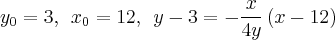 {y}_{0} = 3, \: \: {x}_{0} = 12, \: \: y - 3 = -\frac{x}{4y}\left(x - 12 \right) {y}_{0} = 3, \: \: {x}_{0} = 12, \: \: y - 3 = -\frac{x}{4y}\left(x - 12 \right)