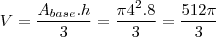 V = \frac{A_{base}.h}{3} = \frac{\pi 4^2 . 8}{3} = \frac{512 \pi}{3}