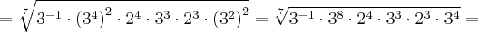 = \sqrt[7]{{3}^{-1} \cdot {({3}^{4})}^{2} \cdot {2}^{4} \cdot {3}^{3} \cdot {2}^{3} \cdot {({3}^{2})}^{2}} = \sqrt[7]{{3}^{-1} \cdot {3}^{8} \cdot {2}^{4} \cdot {3}^{3} \cdot {2}^{3} \cdot {3}^{4}} =