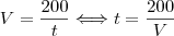 V = \frac{200}{t} \Longleftrightarrow t = \frac{200}{V}