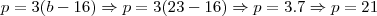 p = 3(b - 16) \Rightarrow p = 3(23 - 16) \Rightarrow p = 3.7 \Rightarrow p =21 p = 3(b - 16) \Rightarrow p = 3(23 - 16) \Rightarrow p = 3.7 \Rightarrow p =21