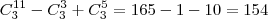 C_3^{11} - C_3^3 + C_3^5 = 165 - 1 -10 = 154