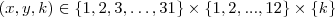 (x,y,k) \in  \{1,2,3, \hdots , 31 \} \times \{1,2,...,12\text\}  \times \{k\}