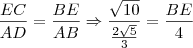 \frac{EC}{AD} = \frac{BE}{AB} \Rightarrow \frac{\sqrt{10}}{\frac{2\sqrt5}{3}} = \frac{BE}{4}