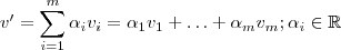 v' = \sum_{i=1}^m \alpha_i v_i = \alpha_1 v_1 + \hdots + \alpha_m v_m ; \alpha_i \in \mathbb{R} v' = \sum_{i=1}^m \alpha_i v_i = \alpha_1 v_1 + \hdots + \alpha_m v_m ; \alpha_i \in \mathbb{R}