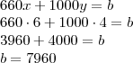 \\
660x+1000y = b\\
660\cdot 6 + 1000\cdot 4 = b\\
3960 + 4000 = b\\
b = 7960