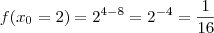 f(x_0 = 2) = 2^{4-8} = 2^{-4} = \frac{1}{16}
