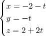 \begin{cases}
x = -2 - t \\
y = - t \\
z = 2 + 2t
\end{cases}