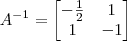 {A}^{-1} =
\begin{bmatrix}
-\frac{1}{2} & 1\\
1 & -1
\end{bmatrix} {A}^{-1} =
\begin{bmatrix}
-\frac{1}{2} & 1\\
1 & -1
\end{bmatrix}