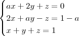 \begin{cases}
ax + 2y + z = 0 \\
2x + ay - z = 1 - a \\
x + y + z = 1
\end{cases} \begin{cases}
ax + 2y + z = 0 \\
2x + ay - z = 1 - a \\
x + y + z = 1
\end{cases}