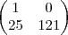 \begin{pmatrix}
   1 & 0  \\ 
   25 &  121
\end{pmatrix}