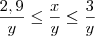 \dfrac{2,9}{y} \leq \dfrac{x}{y} \leq \dfrac{3}{y}