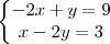 \left\{ \begin{matrix}
-2x+y = 9 \\
x -2y = 3
\end{matrix}
\right. \left\{ \begin{matrix}
-2x+y = 9 \\
x -2y = 3
\end{matrix}
\right.