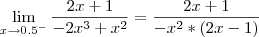 \lim_{x\rightarrow0.5^-} \frac{2x+1}{-2x^3+x^2} = \frac{2x+1}{-x^2*(2x-1)} \lim_{x\rightarrow0.5^-} \frac{2x+1}{-2x^3+x^2} = \frac{2x+1}{-x^2*(2x-1)}