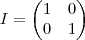 I= \begin{pmatrix}
1 & 0 \\
0 & 1
\end{pmatrix} I= \begin{pmatrix}
1 & 0 \\
0 & 1
\end{pmatrix}