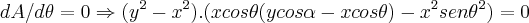 dA/d\theta=0\Rightarrow ({y}^{2}-{x}^{2}).(xcos\theta(ycos\alpha-xcos\theta)-{x}^{2}{sen\theta}^{2})=0 dA/d\theta=0\Rightarrow ({y}^{2}-{x}^{2}).(xcos\theta(ycos\alpha-xcos\theta)-{x}^{2}{sen\theta}^{2})=0