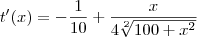 t'(x)=-\frac{1}{10}+\frac{x}{4\sqrt[2]{100+{x}^{2}}}