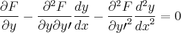 \frac{\partial F}{\partial y}-\frac{\partial^{2}F}{\partial y \partial y \prime}\frac{dy}{dx}-\frac{\partial^{2}F}{{\partial y \prime}^2}\frac{{d}^2y}{{dx}^2}=0