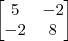 \begin{bmatrix}
5 & -2 \\
-2 & 8 \\
\end{bmatrix} \begin{bmatrix}
5 & -2 \\
-2 & 8 \\
\end{bmatrix}