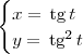 \begin{cases}x = \,\textrm{tg}\,t \\ y = \,\textrm{tg}^2\,t\end{cases}