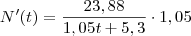 N'(t) = \frac{23,88}{1,05t + 5,3} \cdot 1,05 N'(t) = \frac{23,88}{1,05t + 5,3} \cdot 1,05
