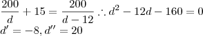 \\\dfrac{200}{d}+15=\dfrac{200}{d-12}\therefore d^2-12d-160=0\\d'=-8,d''=20