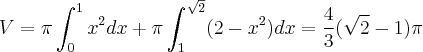 V=\pi \int_{0}^{1}x^2dx+\pi \int_{1}^{\sqrt{2}}(2-x^2)dx = \frac{4}{3} (\sqrt{2}-1) \pi