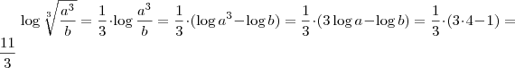 \log \sqrt[3]{\frac{a^3}{b}} = \frac{1}{3} \cdot \log \frac{a^3}{b} = \frac{1}{3} \cdot ( \log a^3 - \log b) = \frac{1}{3} \cdot (3 \log a - \log b) = \frac{1}{3} \cdot (3 \cdot 4 - 1) = \frac{11}{3}