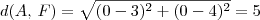 d(A,\,F) = \sqrt{(0 - 3)^2 + (0 - 4)^2} = 5