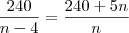 \frac{240}{n-4} = \frac{240+5n}{n} \frac{240}{n-4} = \frac{240+5n}{n}