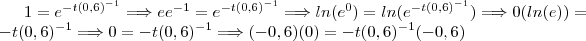 1 = e^{-t(0,6)^{-1}}  \Longrightarrow ee^{-1} = e^{-t(0,6)^{-1}} \Longrightarrow ln(e^{0}) = ln(e^{-t(0,6)^{-1}}) \Longrightarrow 0( ln(e)) = -t(0,6)^{-1} \Longrightarrow 0 = -t(0,6)^{-1}\Longrightarrow (-0,6)(0)= -t(0,6)^{-1}(-0,6)