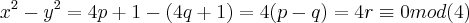 {x}^{2}-{y}^{2}=4p+1-(4q+1)=4(p-q)=4r\equiv 0mod(4)