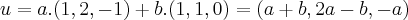 u=a.(1,2,-1)+b.(1,1,0)=(a+b,2a-b,-a) u=a.(1,2,-1)+b.(1,1,0)=(a+b,2a-b,-a)