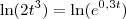 \ln (2{t}^{3})=\ln({e}^{0,3t}) \ln (2{t}^{3})=\ln({e}^{0,3t})