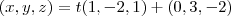 (x,y,z)&=&t(1,-2,1)+(0,3,-2) (x,y,z)&=&t(1,-2,1)+(0,3,-2)