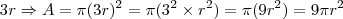 3r\Rightarrow A=\pi (3r)^2=\pi(3^2\times r^2)=\pi(9r^2)=9\pi r^2