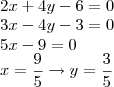 \\2x+4y-6=0\\3x-4y-3=0\\5x-9=0\\x=\frac{9}{5}\rightarrow y=\frac{3}{5}